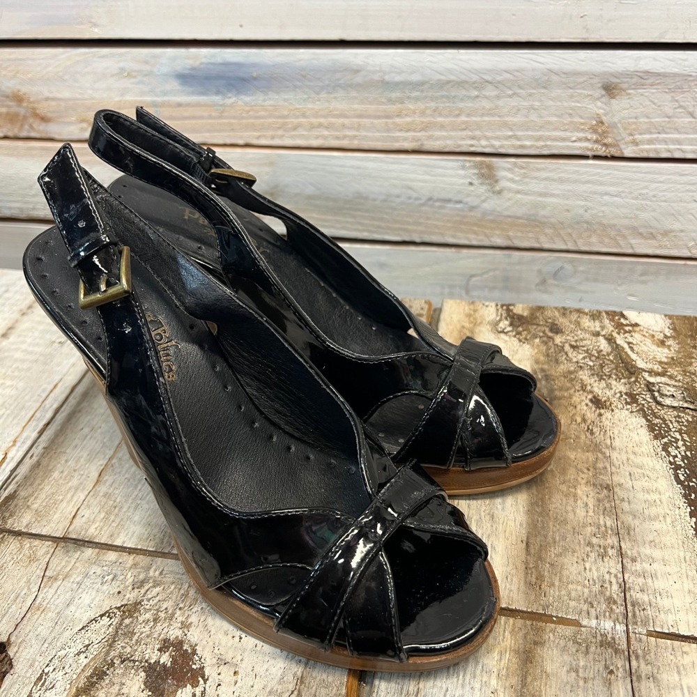 Vintage Paris Blues Black Patent Leather Slingback Platform Peep Toe Heels 6